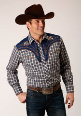 Roper Mens Long Sleeve Snap Navy Cream Tan Small Scale Plaid Western Shirt With Piping And Applique On Yokes