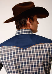 Roper Mens Long Sleeve Snap Navy Cream Tan Small Scale Plaid Western Shirt With Piping And Applique On Yokes