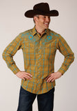 Roper Mens Long Sleeve Snap Butterscotch Turquoise Plaid Western Shirt