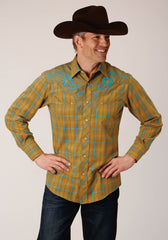 Roper Mens Long Sleeve Snap Butterscotch Turquoise Plaid Western Shirt