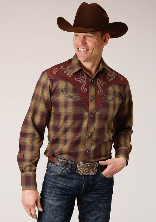 Roper Mens Long Sleeve Snap Caramel And Grey Plaid Western Shirt - Roper