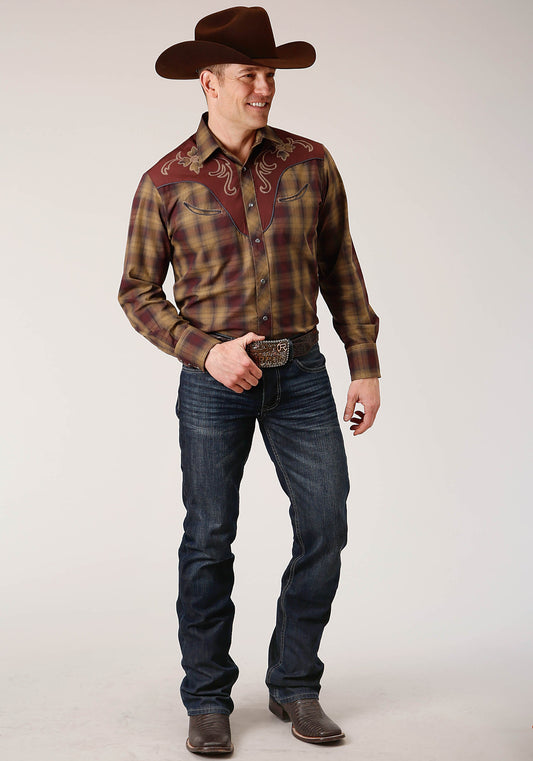 Roper Mens Long Sleeve Snap Caramel And Grey Plaid Western Shirt - Roper