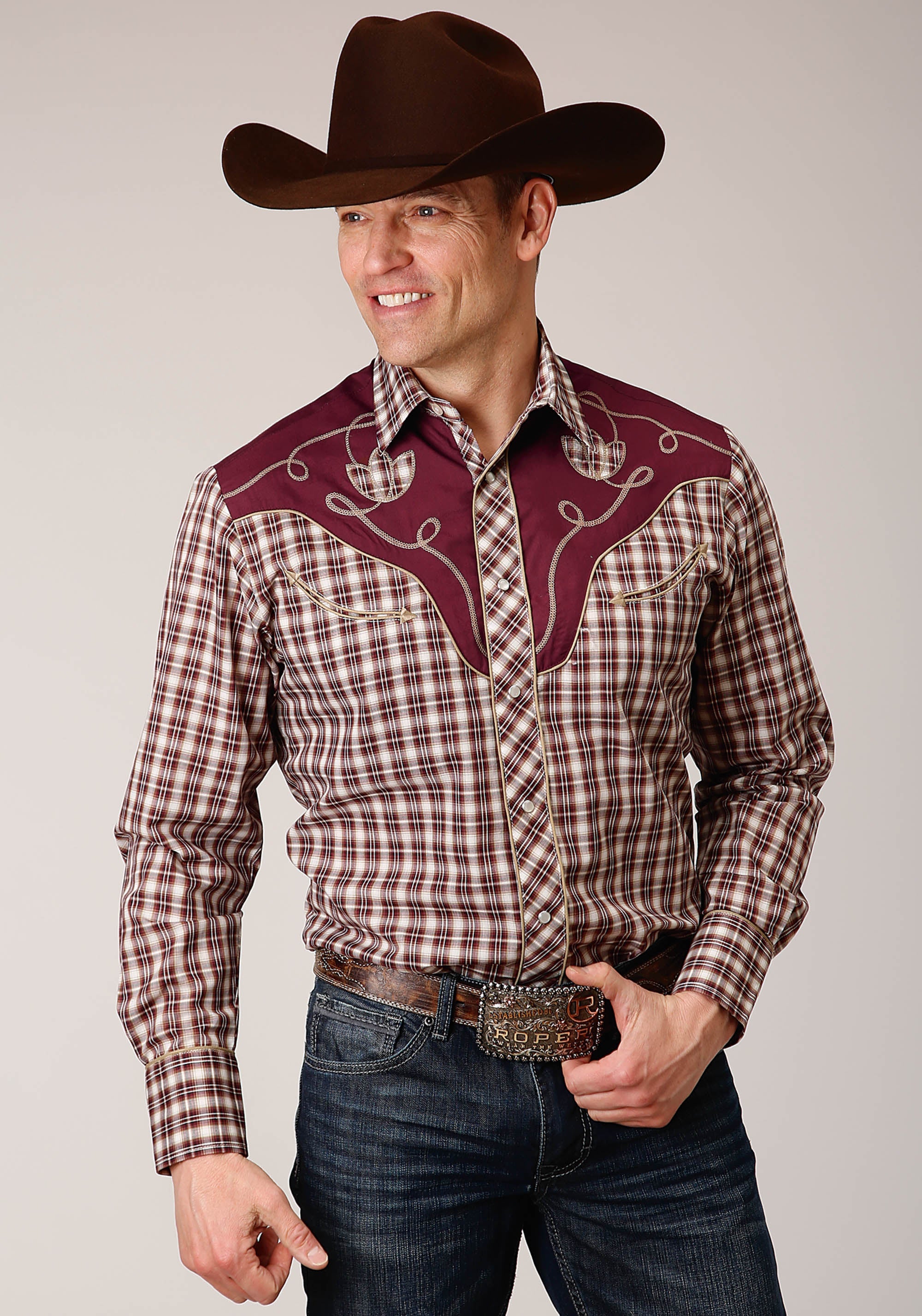 Roper Mens Long Sleeve Snap Wine Cream Tan Small Scale Plaid Western Shirt