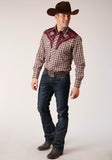 Roper Mens Long Sleeve Snap Wine Cream Tan Small Scale Plaid Western Shirt