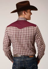 Roper Mens Long Sleeve Snap Wine Cream Tan Small Scale Plaid Western Shirt