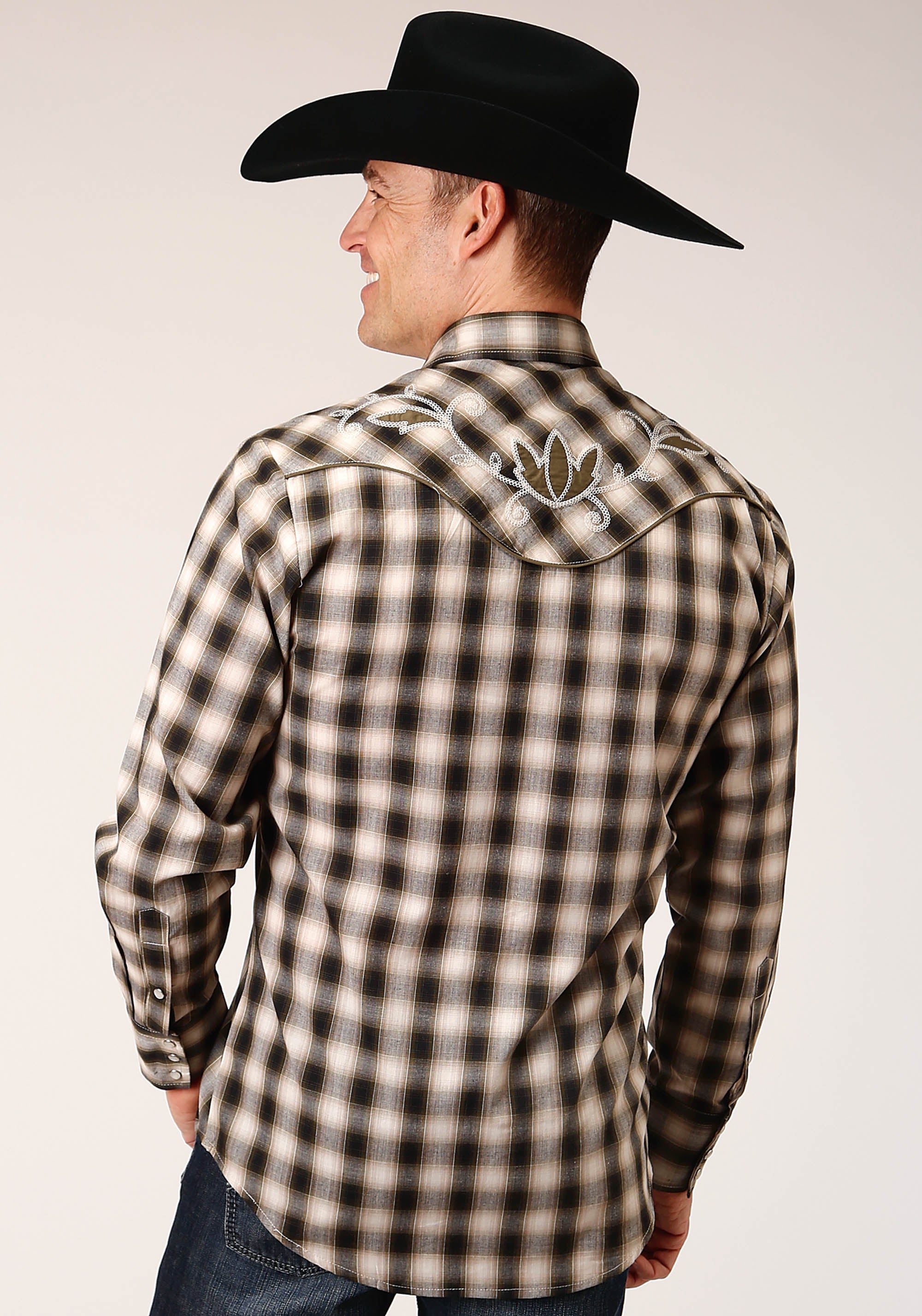 Roper Mens Long Sleeve Snap Black  Cream  And Olive Plaid Western Shirt