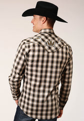 Roper Mens Long Sleeve Snap Black  Cream  And Olive Plaid Western Shirt