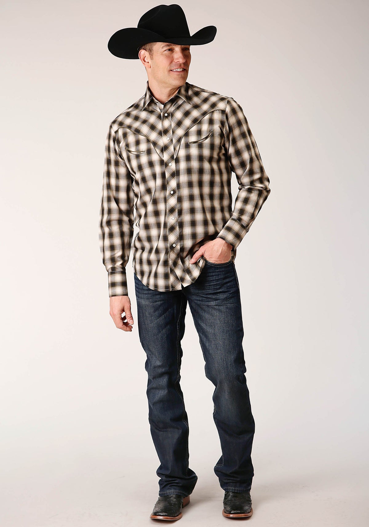 Roper Mens Long Sleeve Snap Black  Cream  And Olive Plaid Western Shirt