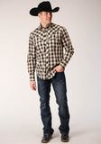 Roper Mens Long Sleeve Snap Black  Cream  And Olive Plaid Western Shirt