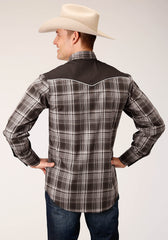 Roper Mens Long Sleeve Snap Chocolate And Cream Plaid Western Shirt