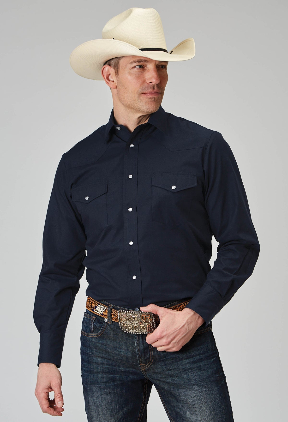 Roper Mens Long Sleeve Snap Solid Broadcloth Deep Navy Western Shirt