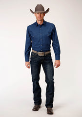 Roper Mens Long Sleeve Snap Solid Broadcloth  Denim Blue Western Shirt