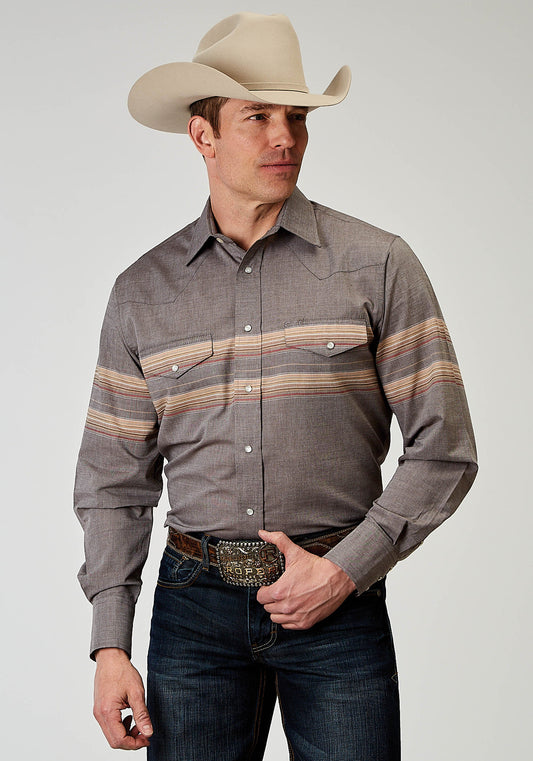 Roper Mens Long Sleeve Snap Border Stripe Western Shirt