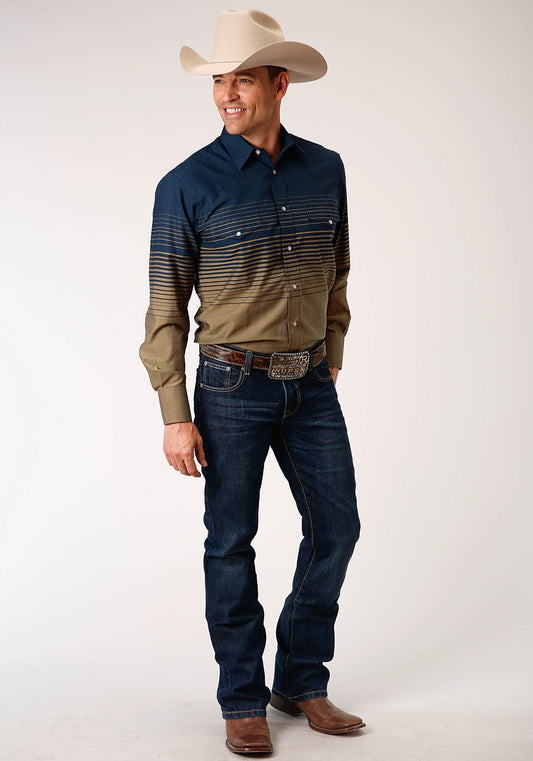 Roper Mens Long Sleeve Snap Navy And Khaki Border Stripe Western Shirt