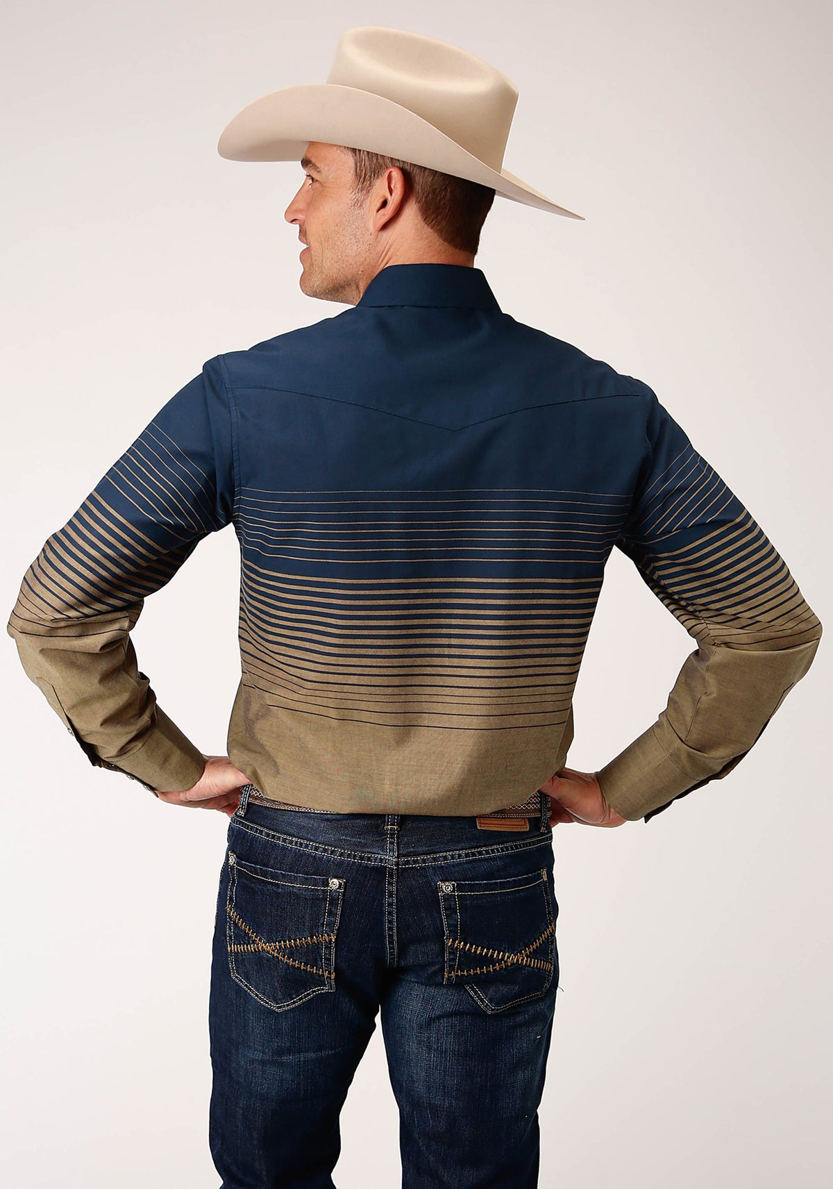 Roper Mens Long Sleeve Snap Navy And Khaki Border Stripe Western Shirt