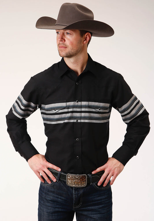 Roper Mens Long Sleeve Snap Black And Grey Border Stripe Western Shirt