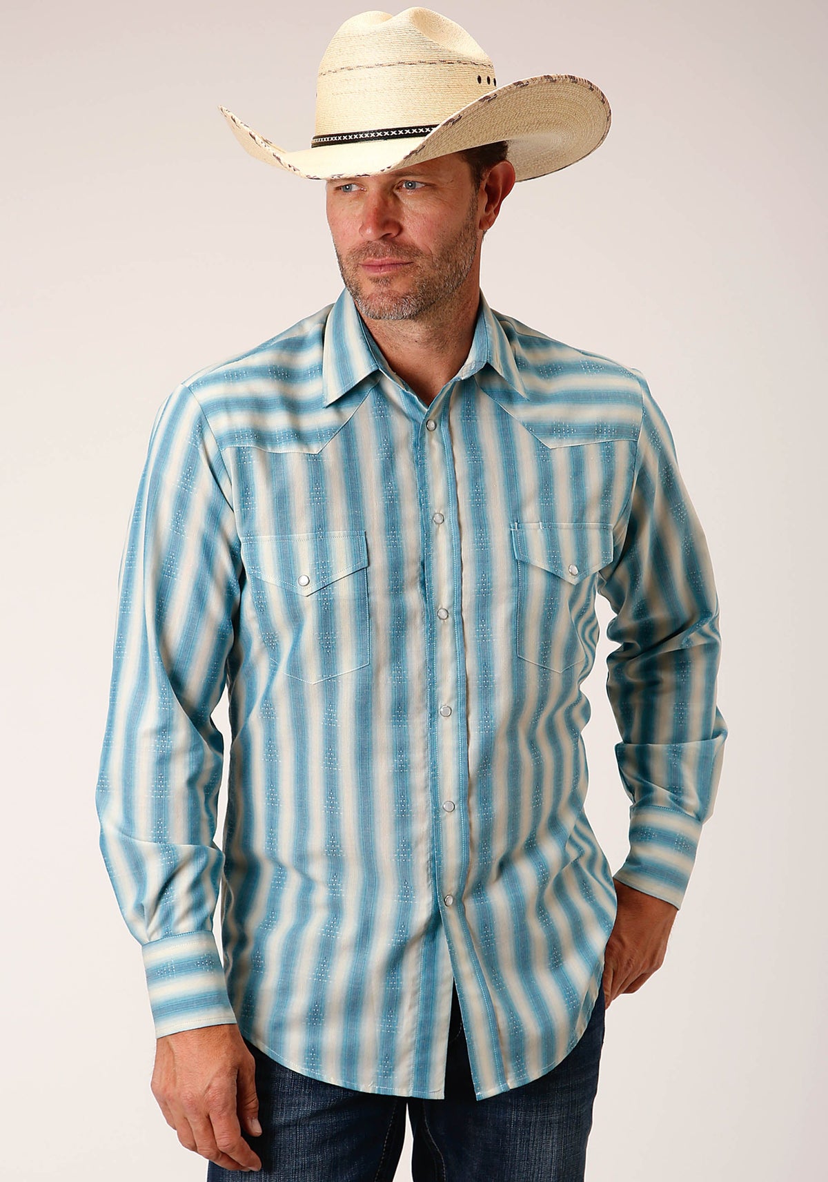 Roper Mens Long Sleeve Snap Aqua  And Cream Ombre Stripe Western Shirt