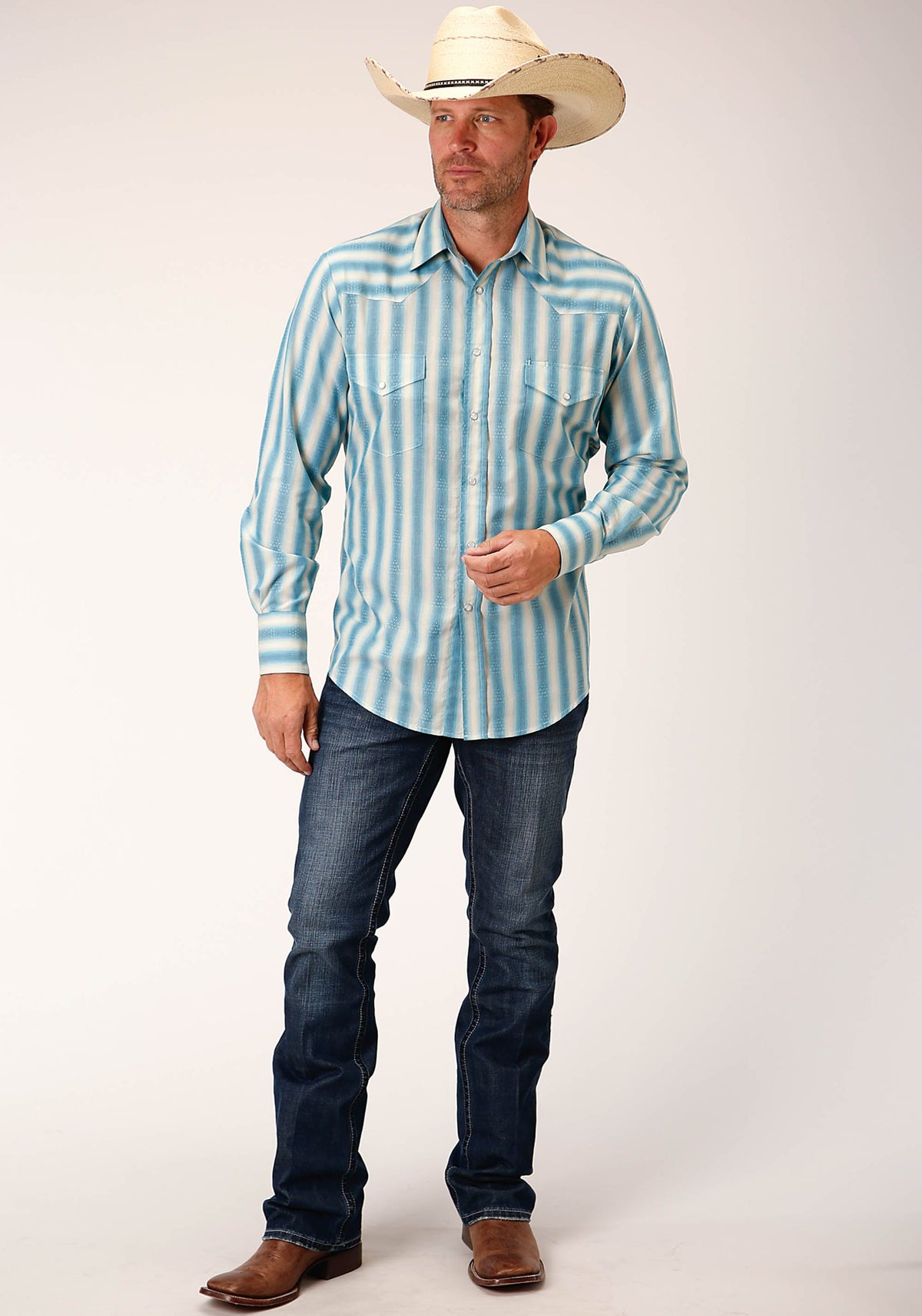 Roper Mens Long Sleeve Snap Aqua  And Cream Ombre Stripe Western Shirt