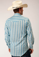 Roper Mens Long Sleeve Snap Aqua  And Cream Ombre Stripe Western Shirt