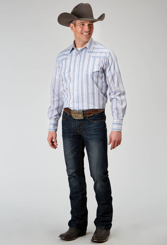 Roper Mens Long Sleeve Snap Blue Stripe Western Shirt - Roper