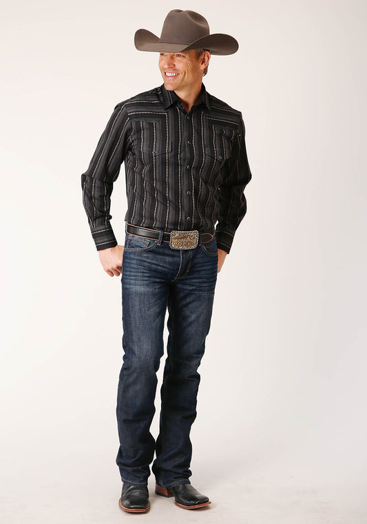 Roper Mens Long Sleeve Snap Black Charcoal Grey Stripe Western Shirt