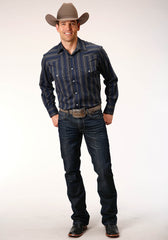 Roper Mens Long Sleeve Snap Black  Blue  Cream Stripe Western Shirt