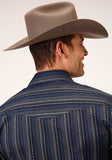 Roper Mens Long Sleeve Snap Black  Blue  Cream Stripe Western Shirt