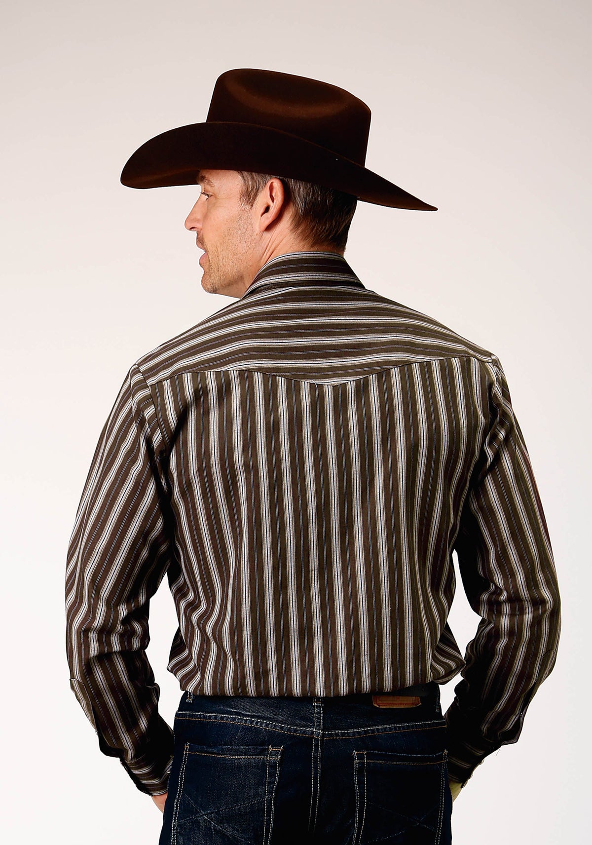 Roper Mens Long Sleeve Snap Chocolate Stripe Western Shirt