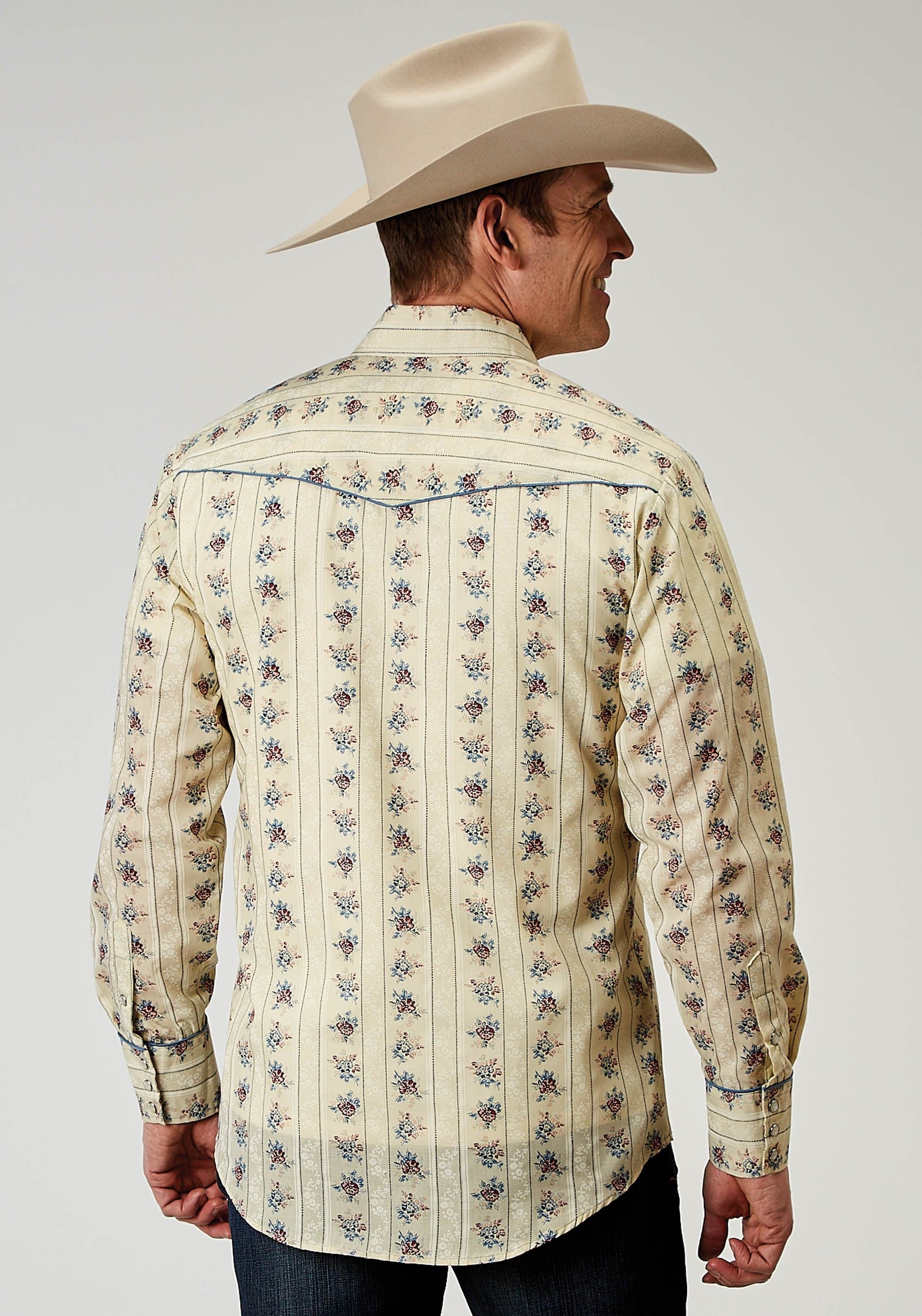 Roper Mens Long Sleeve Snap Floral Stripe Western Shirt With Solid Piping On Front And Back Yokes Smile Pockets - Roper