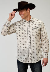 Roper Mens Long Sleeve Snap Vintage Floral Western Shirt With Solid Piping On Front And Back Yokes Smile Pockets