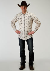 Roper Mens Long Sleeve Snap Vintage Floral Western Shirt With Solid Piping On Front And Back Yokes Smile Pockets