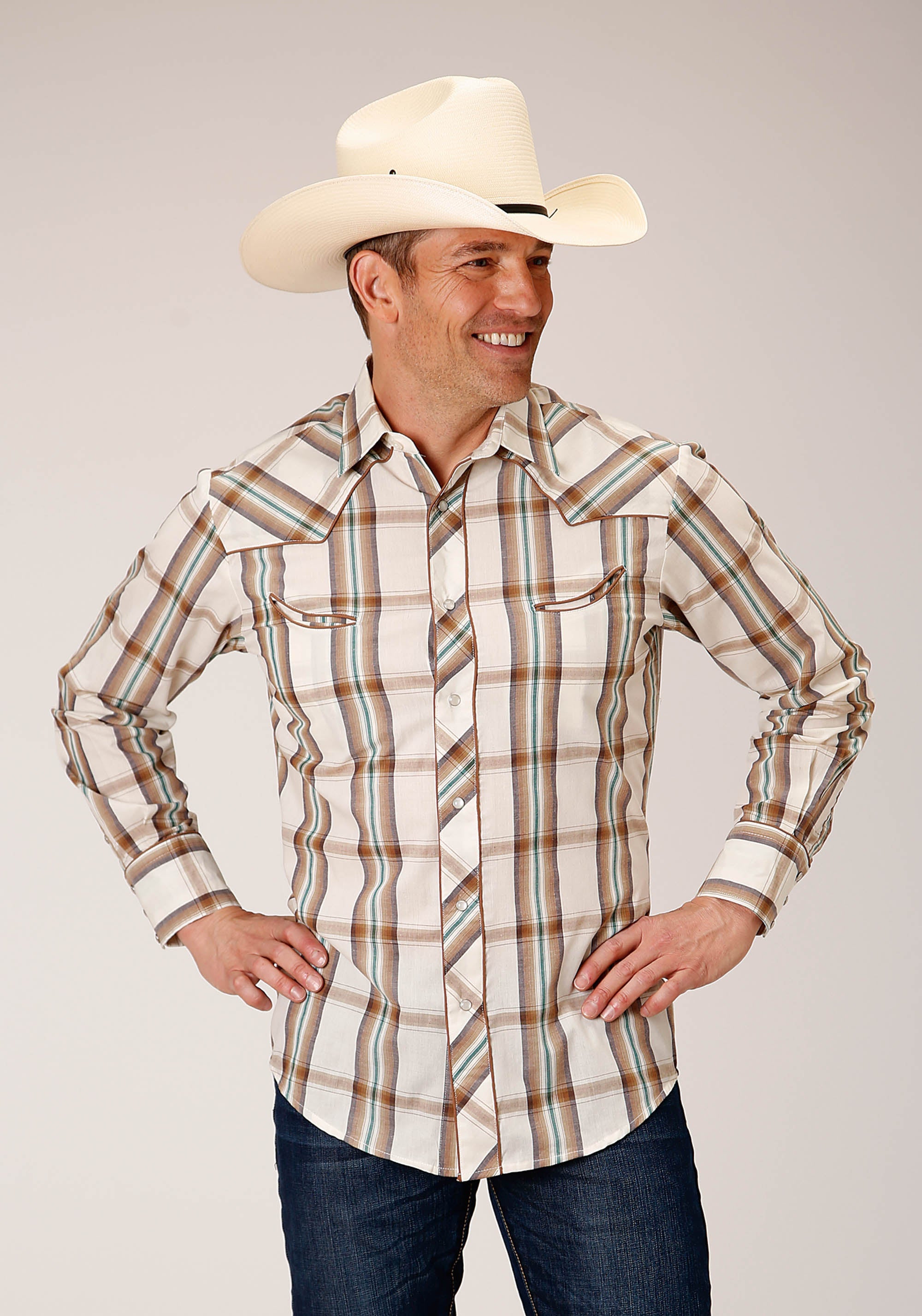 Roper Mens Long Sleeve Snap Cream Brown Green Plaid Western Shirt