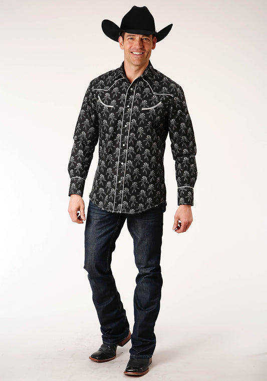 Roper Mens Long Sleeve Snap Black And Cream Floral Print Western Shirt