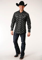 Roper Mens Long Sleeve Snap Black And Cream Floral Print Western Shirt