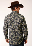 Camisa vaquera con estampado floral oscuro vintage y manga larga con broches de presión para hombre de Roper