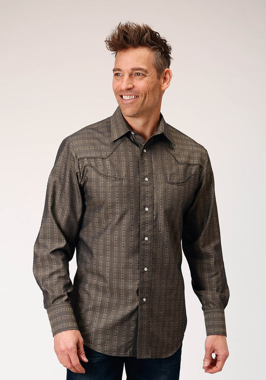 Roper Mens Long Sleeve Snap Grey Floral Tone On Tone Strip Western Shirt With Solid Piping And Smile Pockets