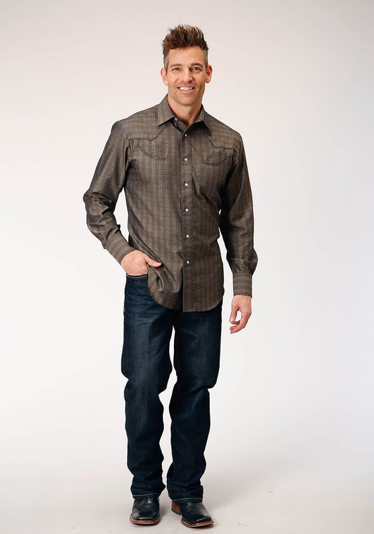 Roper Mens Long Sleeve Snap Grey Floral Tone On Tone Strip Western Shirt With Solid Piping And Smile Pockets