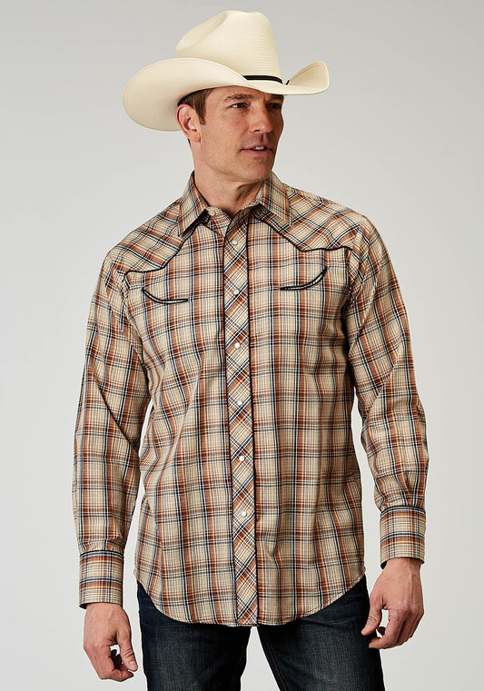 Roper Mens Long Sleeve Snap Brown Plaid Western Shirt With Solid Piping On Front And Back Yokes Smile Pockets