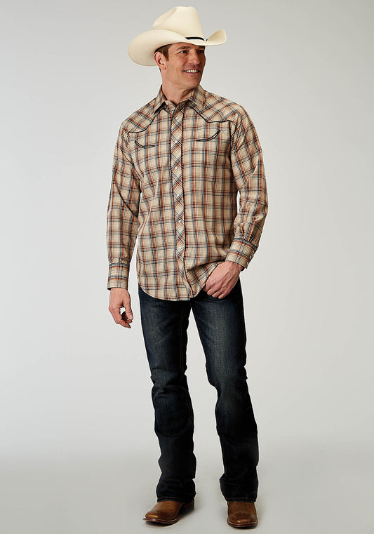 Roper Mens Long Sleeve Snap Brown Plaid Western Shirt With Solid Piping On Front And Back Yokes Smile Pockets - Roper