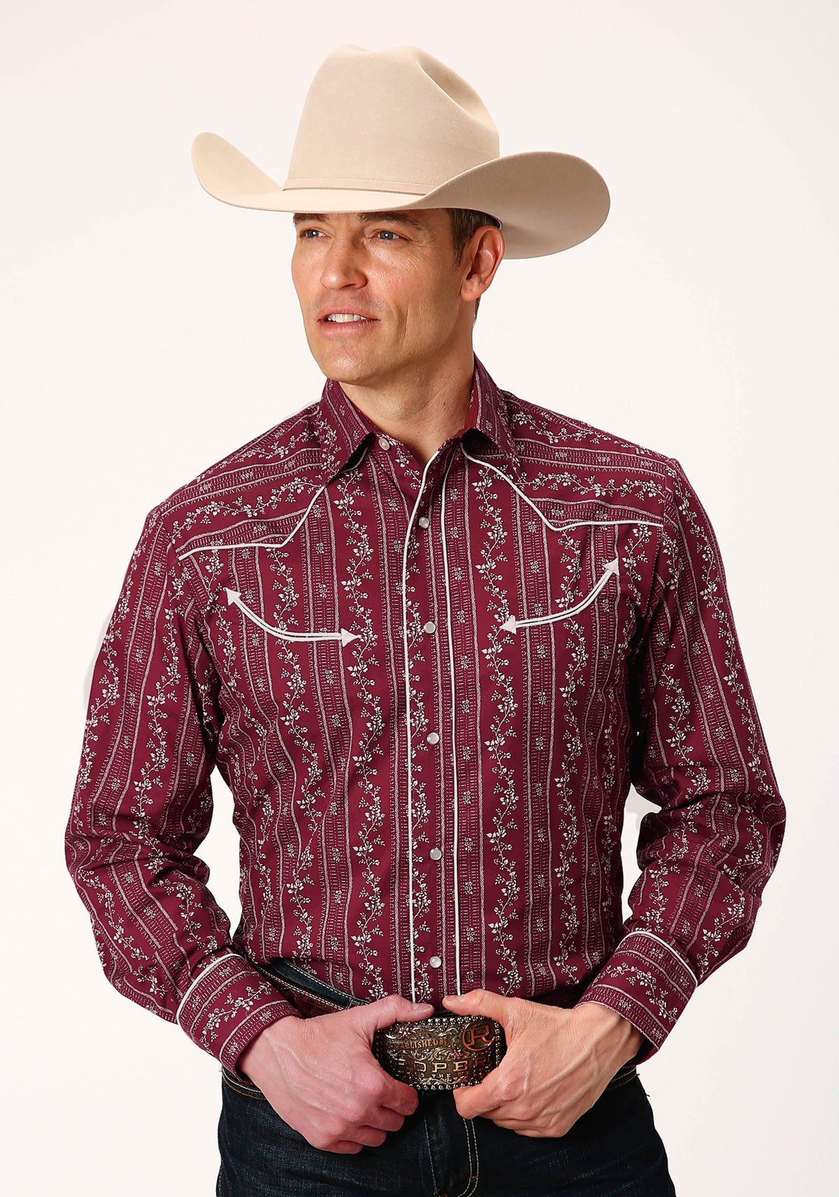 Roper Mens Long Sleeve Snap Brick Red And Cr Wallpaper Stripe Western Shirt