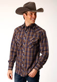 Roper Mens Long Sleeve Snap Blue Camel Brown Plaid Western Shirt With Contrast Solid Piping And Pockets