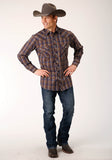 Roper Mens Long Sleeve Snap Blue Camel Brown Plaid Western Shirt With Contrast Solid Piping And Pockets