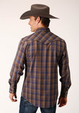 Roper Mens Long Sleeve Snap Blue Camel Brown Plaid Western Shirt With Contrast Solid Piping And Pockets