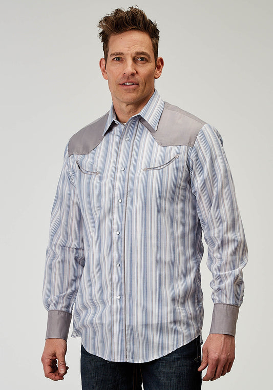 Roper Mens Long Sleeve Snap Blue Stripe Western Shirt With Piping Solid Yokes Smile Pockets