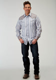 Roper Mens Long Sleeve Snap Blue Stripe Western Shirt With Piping Solid Yokes Smile Pockets