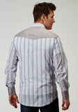 Roper Mens Long Sleeve Snap Blue Stripe Western Shirt With Piping Solid Yokes Smile Pockets