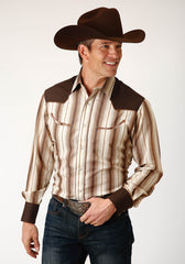 Roper Mens Long Sleeve Snap Brown And Cream Ombre Stripe Western Shirt