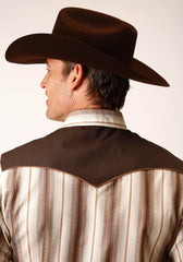 Roper Mens Long Sleeve Snap Brown And Cream Ombre Stripe Western Shirt