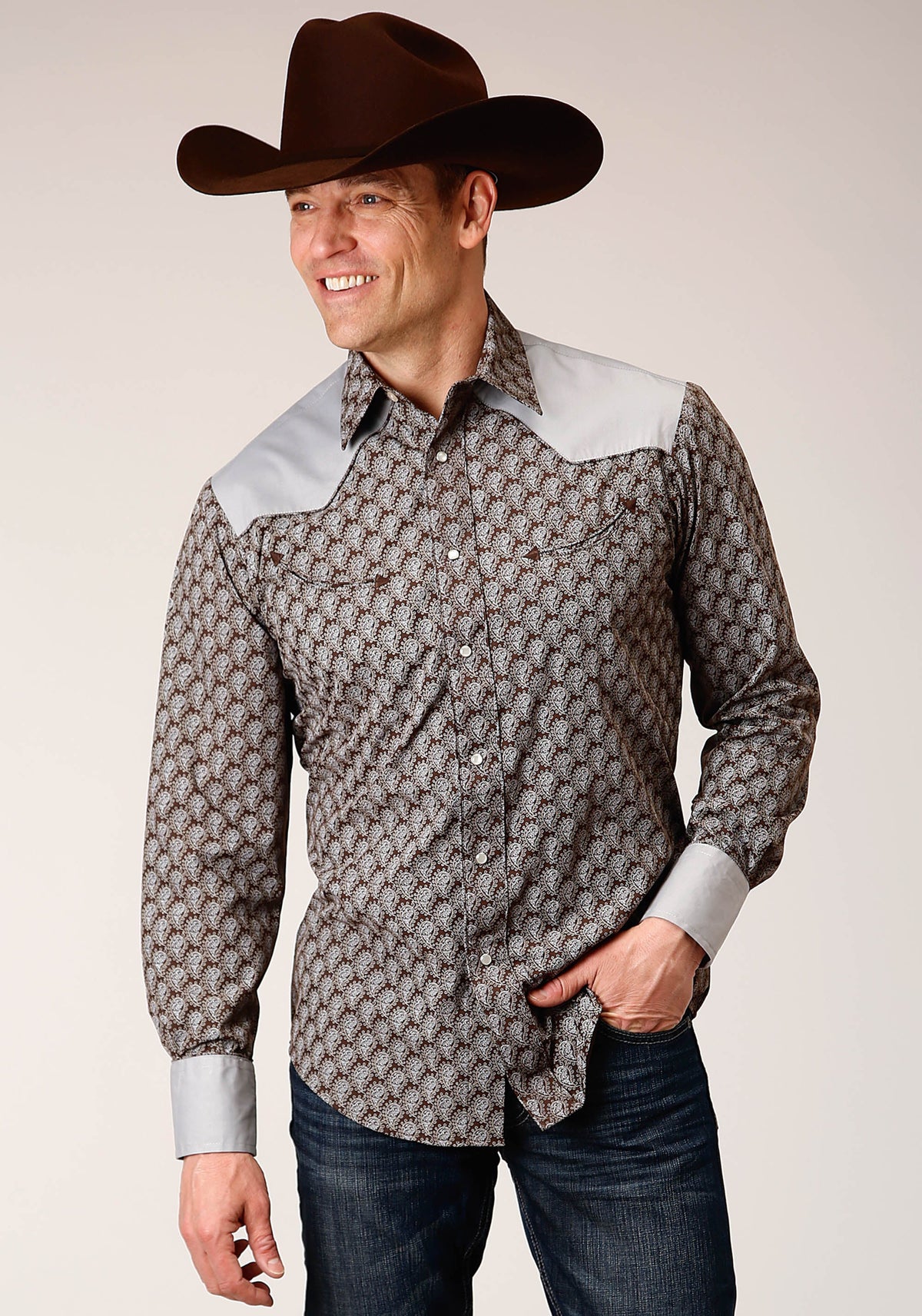 Roper Mens Long Sleeve Snap Chocolate And Cream Teardrop Print Western Shirt