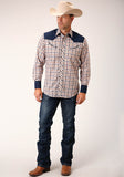 Roper Mens Long Sleeve Snap Navy  Gold  Rust Windowpane Plaid Western Shirt